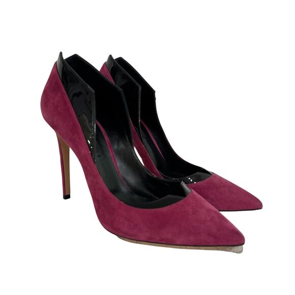 Casadei Burgundy Black Suede and Patent Leather Stiletto Pointed Toe Heels Size9 - Picture 1 of 8